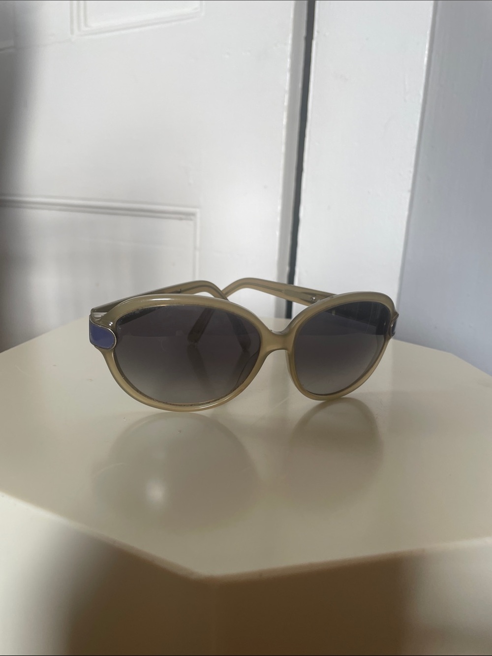 Chloe Beige Frame Sunglasses with Dark Gradient Lenses and Blue Accents